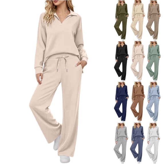 Fengactive Womens 2 Piece Lounge Set Long Sleeve Collared Top and Drawstring Wide Leg Pants