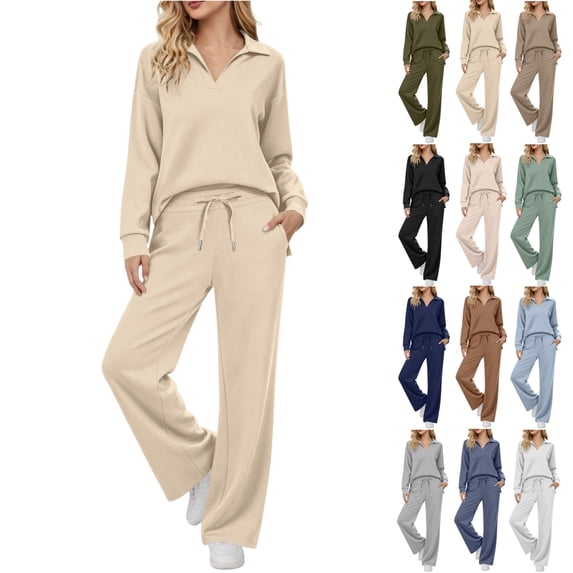Fengactive Womens 2 Piece Lounge Set Long Sleeve Collared Top and Drawstring Wide Leg Pants