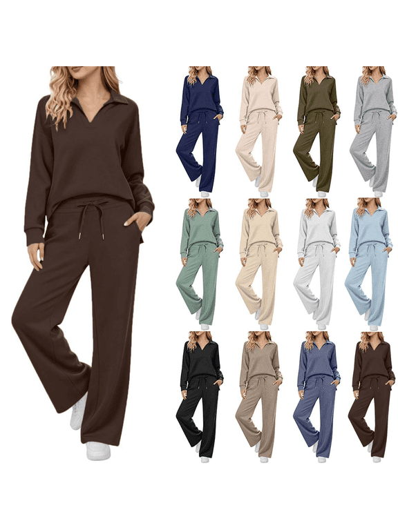 Fengactive Womens 2 Piece Lounge Set Long Sleeve Collared Top and Drawstring Wide Leg Pants
