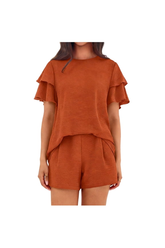 Womens 2 Piece Lounge Set Round Neck Double Ruffle Sleeve Top and Pleated Front Shorts Casual Summer Sleepwear