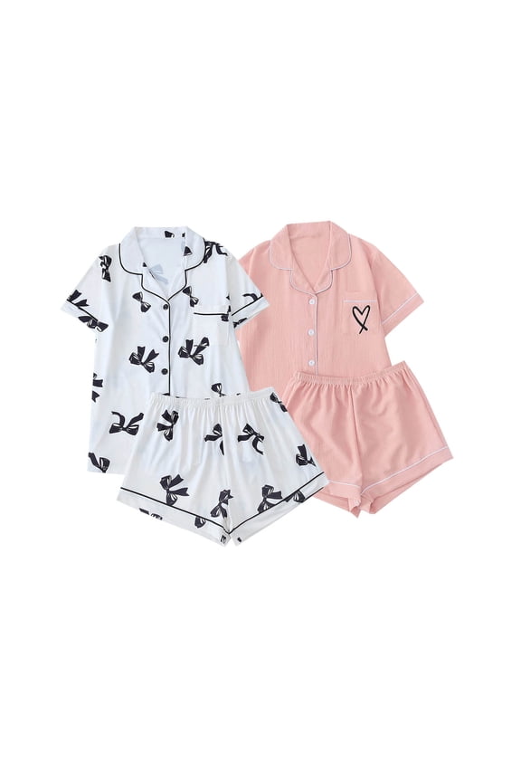 Womens 2 Piece Pajama Set Short Sleeve Button Down Collared Top and Shorts with Pocket