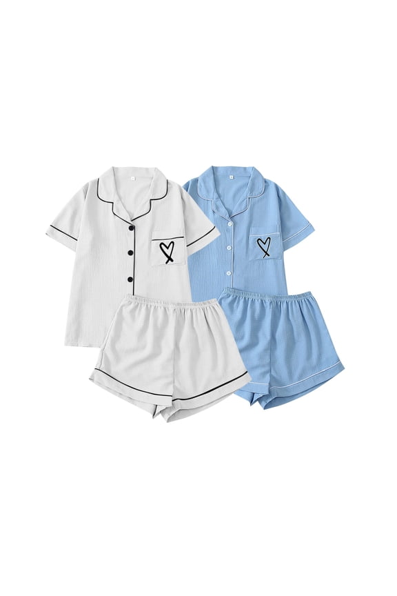 Womens 2 Piece Pajama Set Short Sleeve Button Down Collared Top and Shorts with Pocket