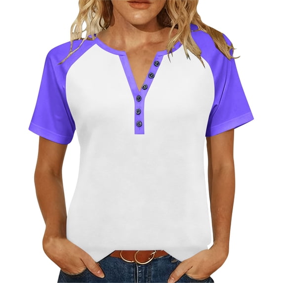 Fengactive Womens 3/4 Raglan Sleeve Shirts Button V Neck Tops Loose Casual Basic Tshirts Fashion Color Block Summer Tees