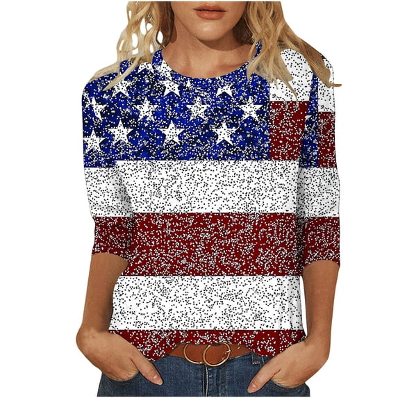 Fengactive Womens 3/4 Sleeve 4Th of July Shirts Crewneck Independence Day Printed Casual Loose Fit T Shirts