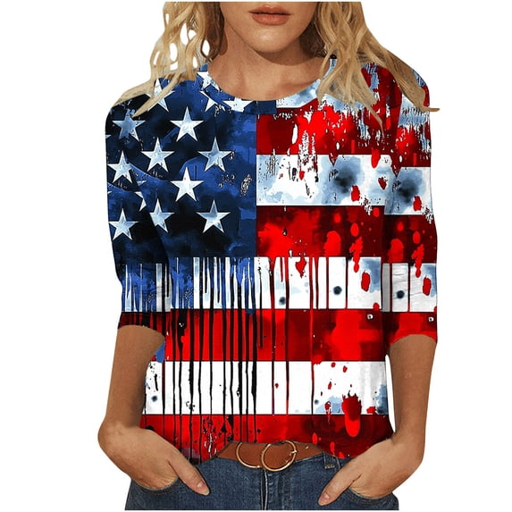 Fengactive Womens 3/4 Sleeve 4Th of July Shirts Crewneck Independence Day Printed Casual Loose Fit T Shirts