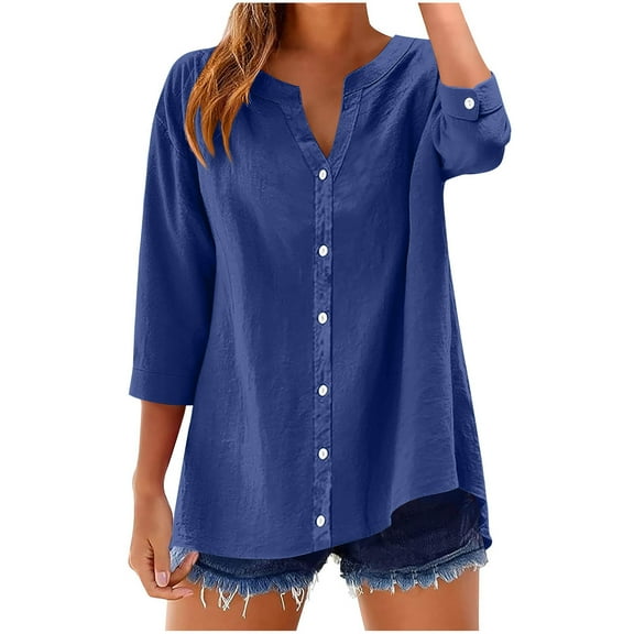 Fengactive Womens 3/4 Sleeve Button Down Shirts Roll Up Short Sleeve Tops V Neck Casual Loose Fit Blouses