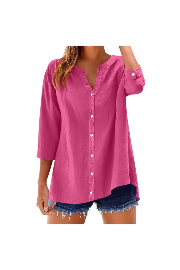 Womens 3/4 Sleeve Button Down Shirts Roll Up Short Sleeve Tops V Neck Casual Loose Fit Blouses