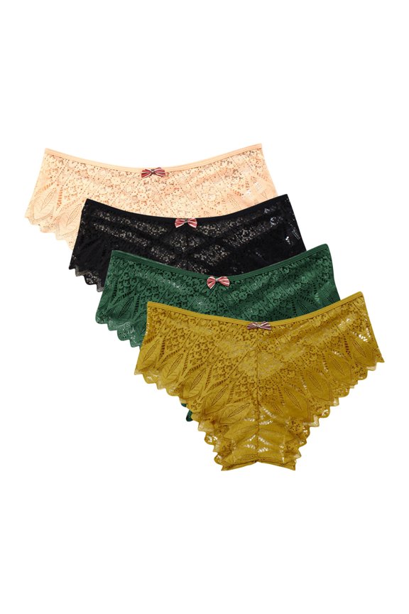 Womens 4 Pack Low Rise Seamless Thong Panties Floral Lace Cutout Striped Bow Detail Underwear
