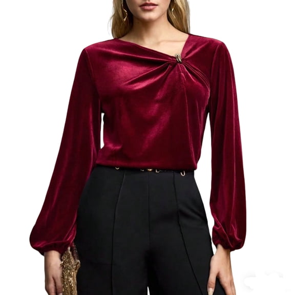 Fengactive Womens Asymmetrical Neck Twist Puff Long Sleeve Velvet Blouse Fall Winter Dressy Casual Elegant Top