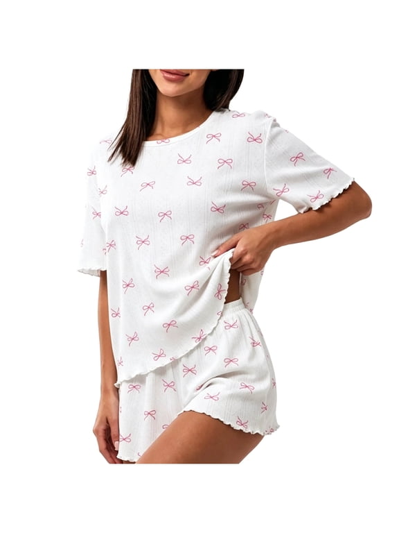 Womens Bow Print Lounge Set Pointelle Knit Scalloped Trim Top and Shorts Sleepwear