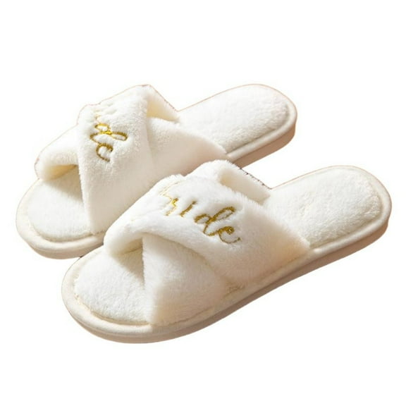 Fengactive Womens Bride Slippers Fuzzy Open Toe Cross Band Embroidery Bridal Wedding Day Shower Slippers