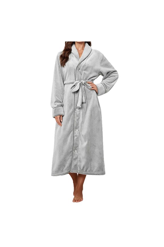 Womens Button Down Fleece Robe V Neck Long Sleeve Plush Bathrobe with Belt and Pockets
