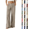 thumbnail image 1 of QINGFSAP Womens Button Zip Front Wide Leg Casual Pants Elastic Back Waist Lightweight Linen Blend Solid Pocket Long Trousers, 1 of 7