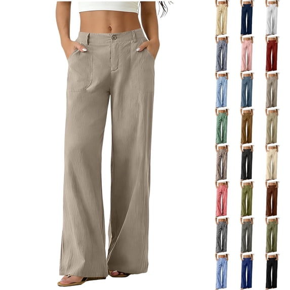 QINGFSAP Womens Button Zip Front Wide Leg Casual Pants Elastic Back Waist Lightweight Linen Blend Solid Pocket Long Trousers