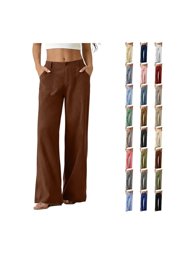 Womens Button Zip Front Wide Leg Casual Pants Elastic Back Waist Lightweight Linen Blend Solid Pocket Long Trousers