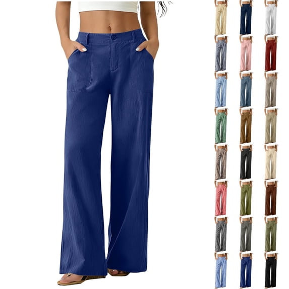 QINGFSAP Womens Button Zip Front Wide Leg Casual Pants Elastic Back Waist Lightweight Linen Blend Solid Pocket Long Trousers