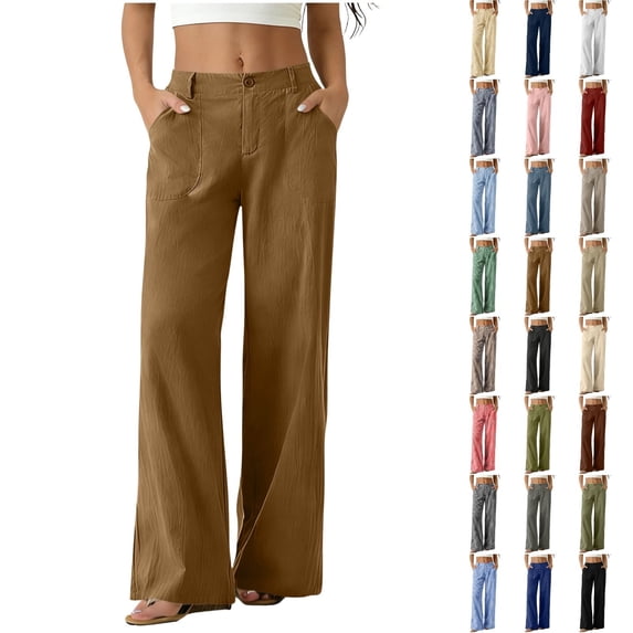 QINGFSAP Womens Button Zip Front Wide Leg Casual Pants Elastic Back Waist Lightweight Linen Blend Solid Pocket Long Trousers