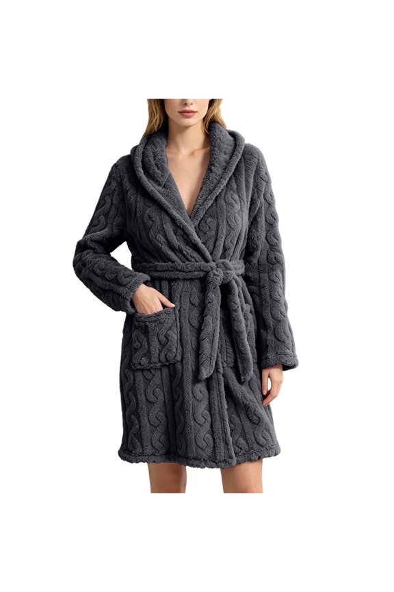 Womens Cable Knit Fleece Robe Shawl Collar Plush Bathrobe with Belt and Pockets Sleepwear