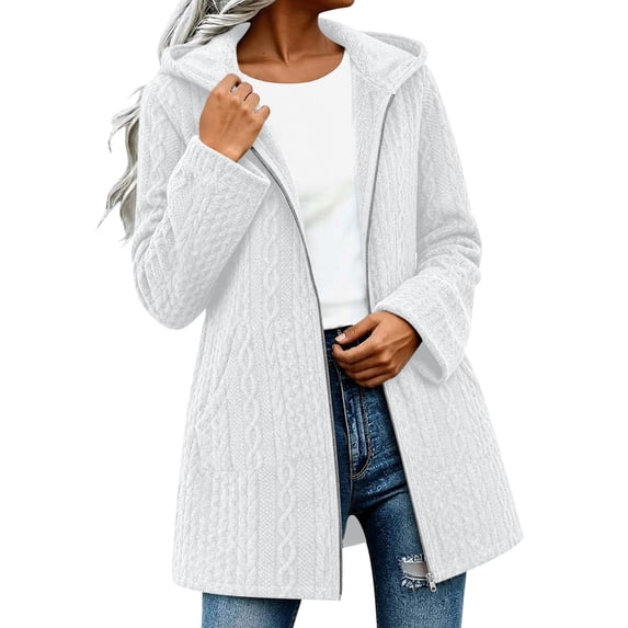 Fengactive Womens Cable Knit Hooded Cardigan Longline Zip Up Relaxed Fit Long Sleeve Casual Winter Coat