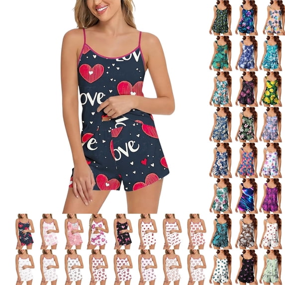 QINGFSAP Womens Cami Pajama Sets 2 Piece Cute Print Pjs Soft Tank Top Elastic Waist Shorts Camisole Lounge Set
