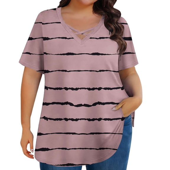Fengactive Womens Casual Crewneck Color Block Short Sleeve Plus Size T-Shirt Striped Loose Fit Summer Outfits for Women