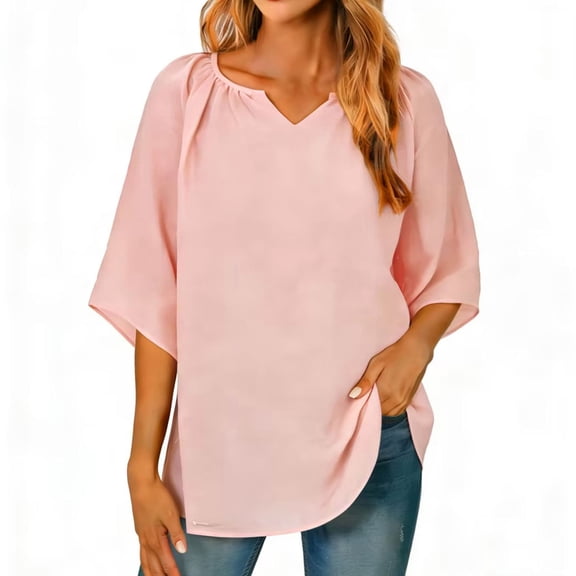 Fengactive Womens Casual V Neck 3/4 Sleeve Summer Tops Blouses Loose Fit Trendy Shirt Dressy Flowy Vacation Clothes