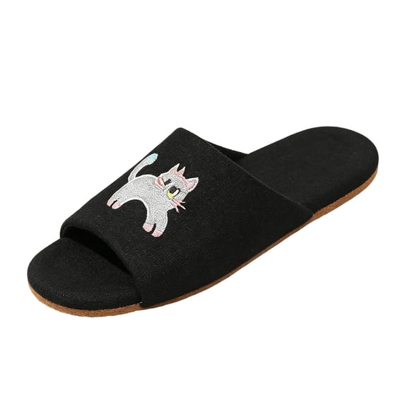 Fengactive Womens Cat Embroidery Open Toe Slide Slippers Round Toe Soft Sole Breathable Casual House Slippers
