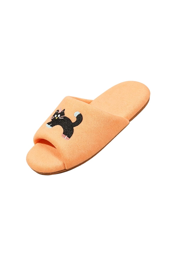 Womens Cat Embroidery Open Toe Slide Slippers Round Toe Soft Sole Breathable Casual House Slippers