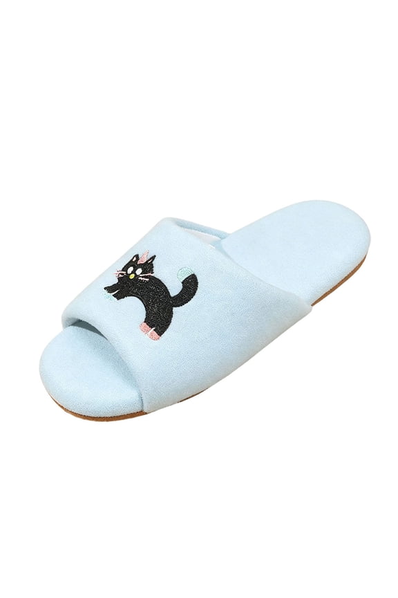 Womens Cat Embroidery Open Toe Slide Slippers Round Toe Soft Sole Breathable Casual House Slippers