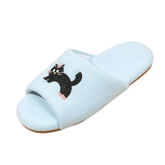 Fengactive Womens Cat Embroidery Open Toe Slide Slippers Round Toe Soft Sole Breathable Casual House Slippers