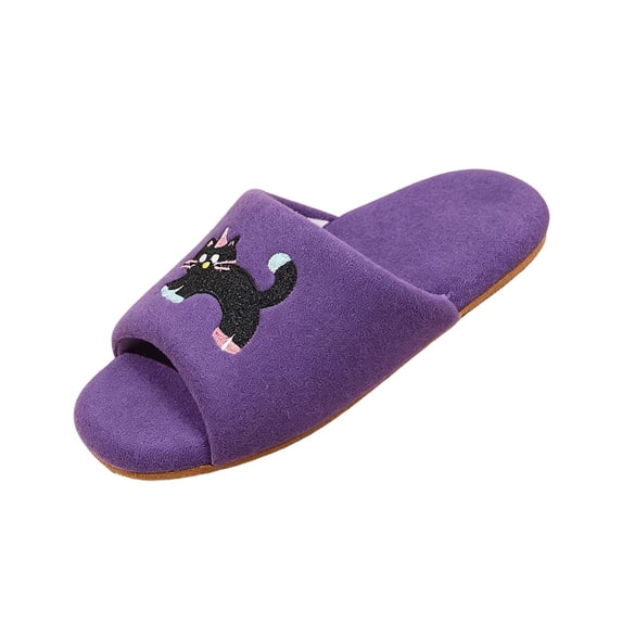 Fengactive Womens Cat Embroidery Open Toe Slide Slippers Round Toe Soft Sole Breathable Casual House Slippers