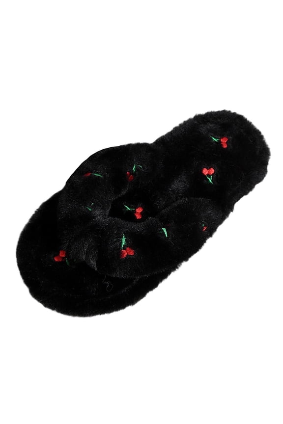 Womens Cherry Embroidery Thong Slippers Plush Strap Warm Winter House Slippers