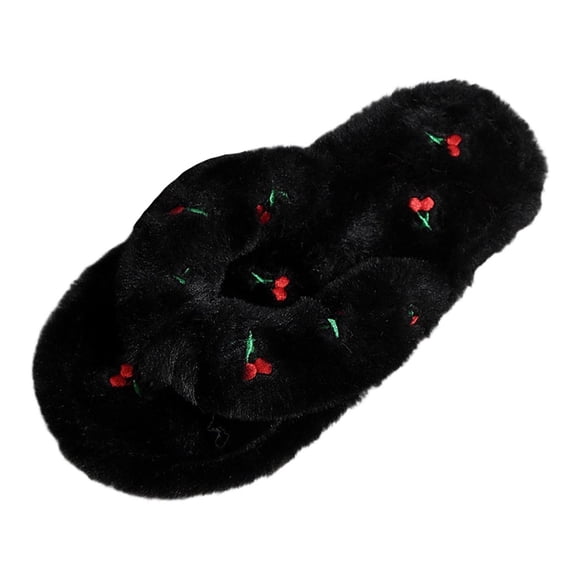 QINGFSAP Womens Cherry Embroidery Thong Slippers Plush Strap Warm Winter House Slippers