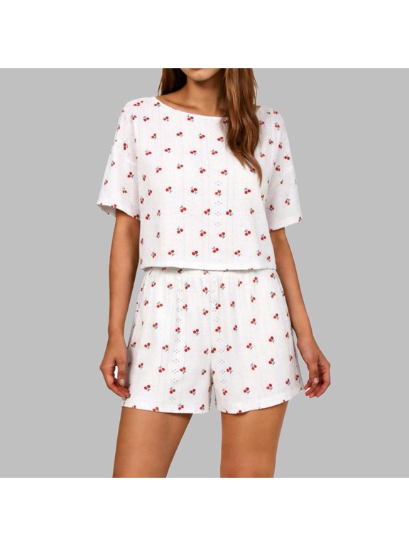 Womens Cherry Print Lounge Set Pointelle Top and Elastic Shorts Summer Sleepwear