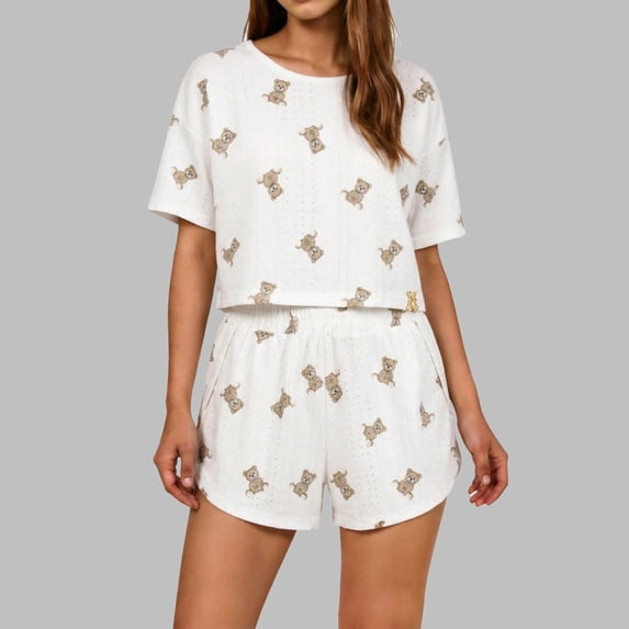 Fengactive Womens Cherry Print Lounge Set Pointelle Top and Elastic Shorts Summer Sleepwear