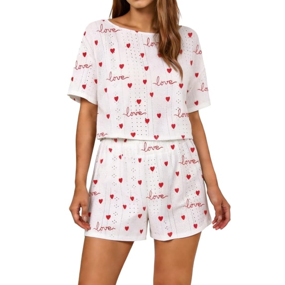 QINGFSAP Womens Cherry Print Lounge Set Pointelle Top and Elastic Shorts Summer Sleepwear