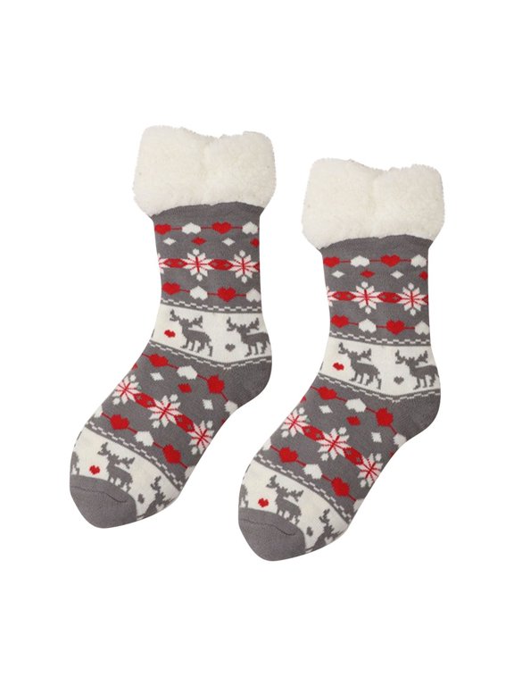 Womens Christmas Floor Socks Snowflake Pattern Thick Sherpa Lined Mid Calf Warm