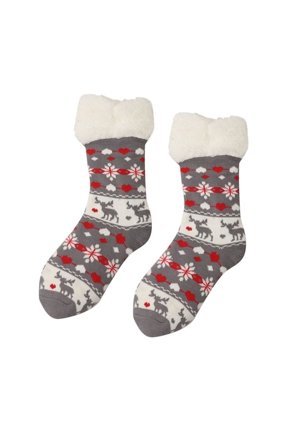 Womens Christmas Floor Socks Snowflake Pattern Thick Sherpa Lined Mid Calf Warm