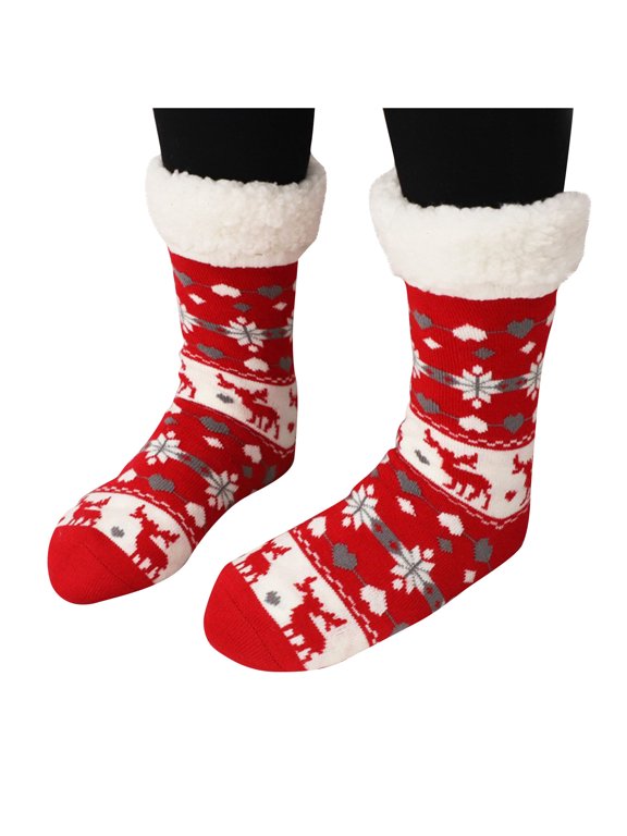 Womens Christmas Floor Socks Snowflake Pattern Thick Sherpa Lined Mid Calf Warm