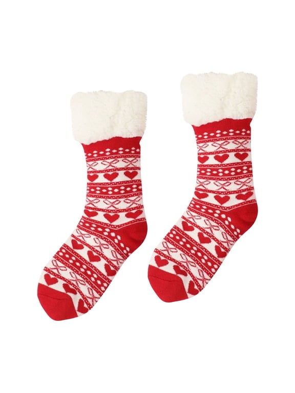 Womens Christmas Floor Socks Snowflake Pattern Thick Sherpa Lined Mid Calf Warm