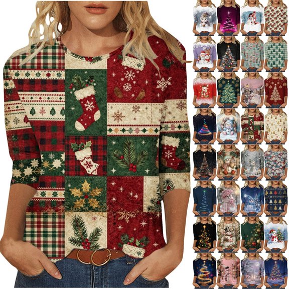 Fengactive Womens Christmas Print T Shirt 3/4 Sleeve Crew Neck Top Casual Loose Fit Holiday Tee