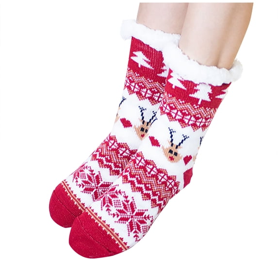 Fengactive Womens Christmas Slipper Socks Thick Sherpa Lined Plush Home Socks Non Slip Holiday Print