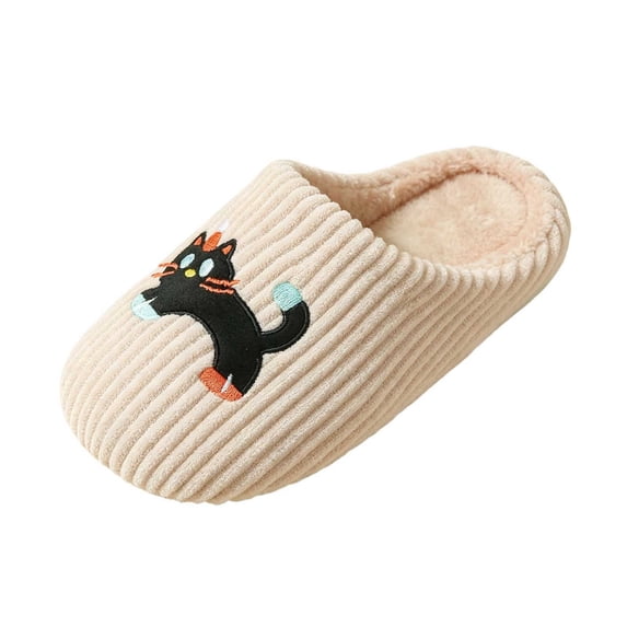QINGFSAP Womens Closed Toe Clog Slippers Corduroy Cat Embroidery Plush Fleece Lining Warm Comfortable House Slippers