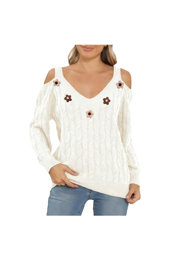 Womens Cold Shoulder Sweaters Fall Winter Long Sleeve V Neck Soft Cable Knit Pullover Floral Loose Tops