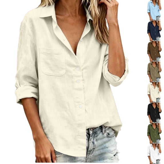 QINGFSAP Womens Collared Button Down Shirt Long Sleeve Cotton Linen Blend Casual Blouse