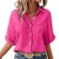 thumbnail image 1 of Fengactive Womens Collared Button Down Shirts Half Sleeve Roll Up Blouses with Pocket Solid Color Dressy Tunic Tops, 1 of 7