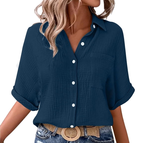 Fengactive Womens Collared Button Down Shirts Half Sleeve Roll Up Blouses with Pocket Solid Color Dressy Tunic Tops
