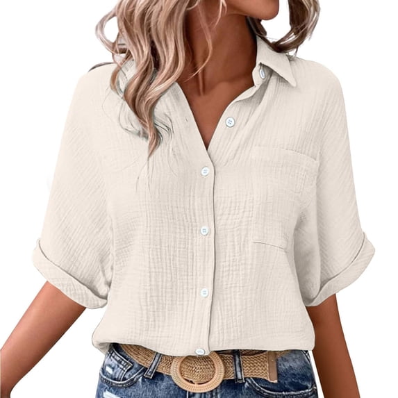 Fengactive Womens Collared Button Down Shirts Half Sleeve Roll Up Blouses with Pocket Solid Color Dressy Tunic Tops