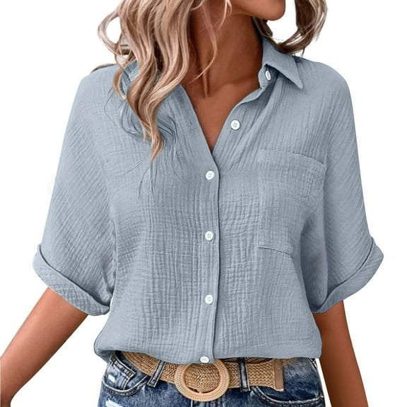 Fengactive Womens Collared Button Down Shirts Half Sleeve Roll Up Blouses with Pocket Solid Color Dressy Tunic Tops