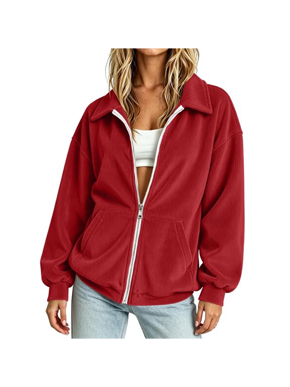 Womens Collared Corduroy Jacket Full Zip Long Sleeve Kangaroo Pocket Drop Shoulder Casual Fall Outerwear Top